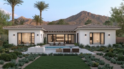 Fototapeta premium Modern Desert Villa with Pool Surrounded by Lush Landscaping