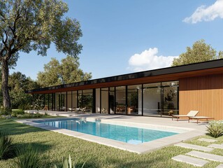 Fototapeta premium Modern Architectural Design of House with Swimming Pool and Garden