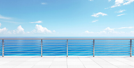 Obraz premium Oceanfront terrace with metal railing and tiled floor, minimalistic architectural design style, bright blue sky and sea background. Ai generative
