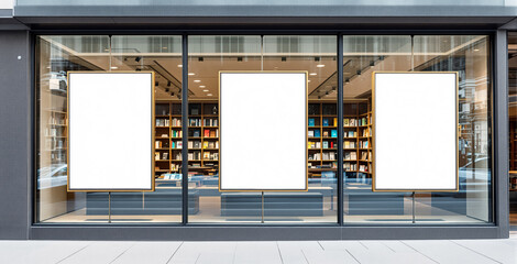 Blank posters on store exterior glass facade with bookstore interior background, clean layout for advertising, branding, or product presentation. Ai generative