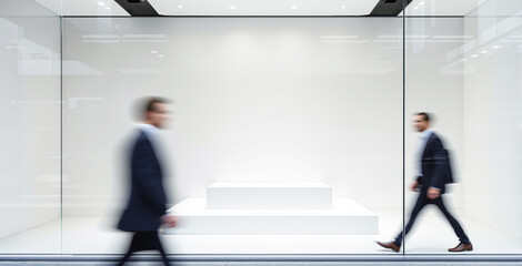 Minimalist glass storefront with white pedestal display, modern architectural design, blurred motion of people walking, clean urban background. Ai generative