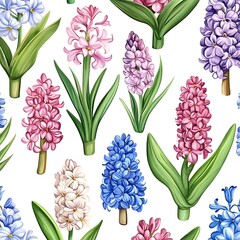 Obraz premium Watercolor Hyacinths Seamless Floral Pattern with Pink, Purple, and Blue Blooms