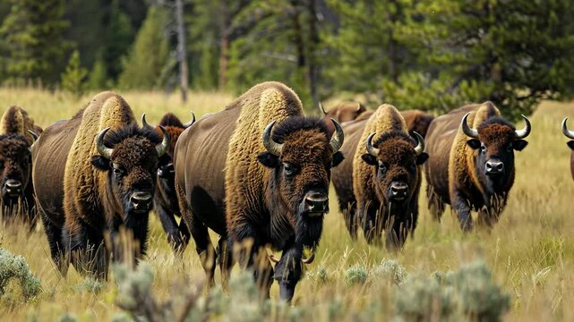 A group of bison moves through a vibrant meadow filled with tall grass, showcasing their majestic presence against a backdrop of lush trees and the evening light.