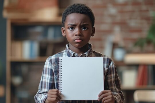 A focused black boy making a video call with a teacher is holding a notebook with a blank screen showing the result of a completed task using a