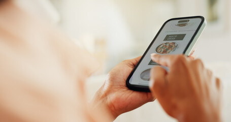 Person, scroll and phone screen in hands for meal order, ecommerce or support local restaurant in home. Woman, mobile display or choice on digital menu with delivery platform, fast food app or search