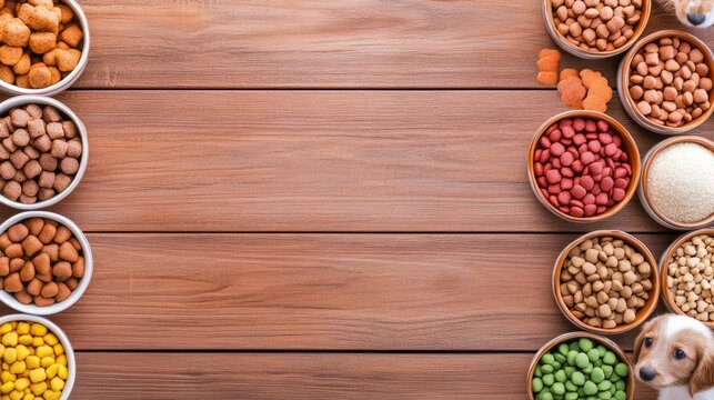 Variety of Pet Food in Bowls Arranged on Wooden Table Surface