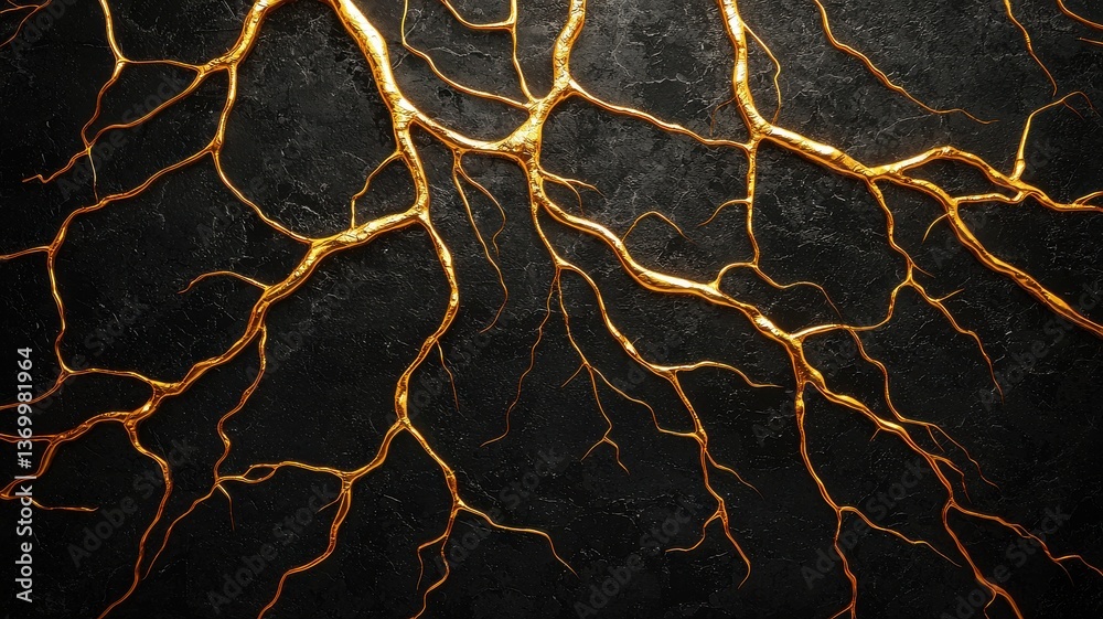 Poster dynamic golden root patterns on dark background abstract art studio environment close-up viewpoint