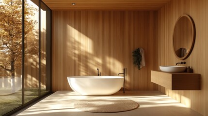Modern, light-filled bathroom with natural view; interior design; architectural; relaxing; minimalist; ideal for modern homes; use for interior decor catalogs, magazines, or websites