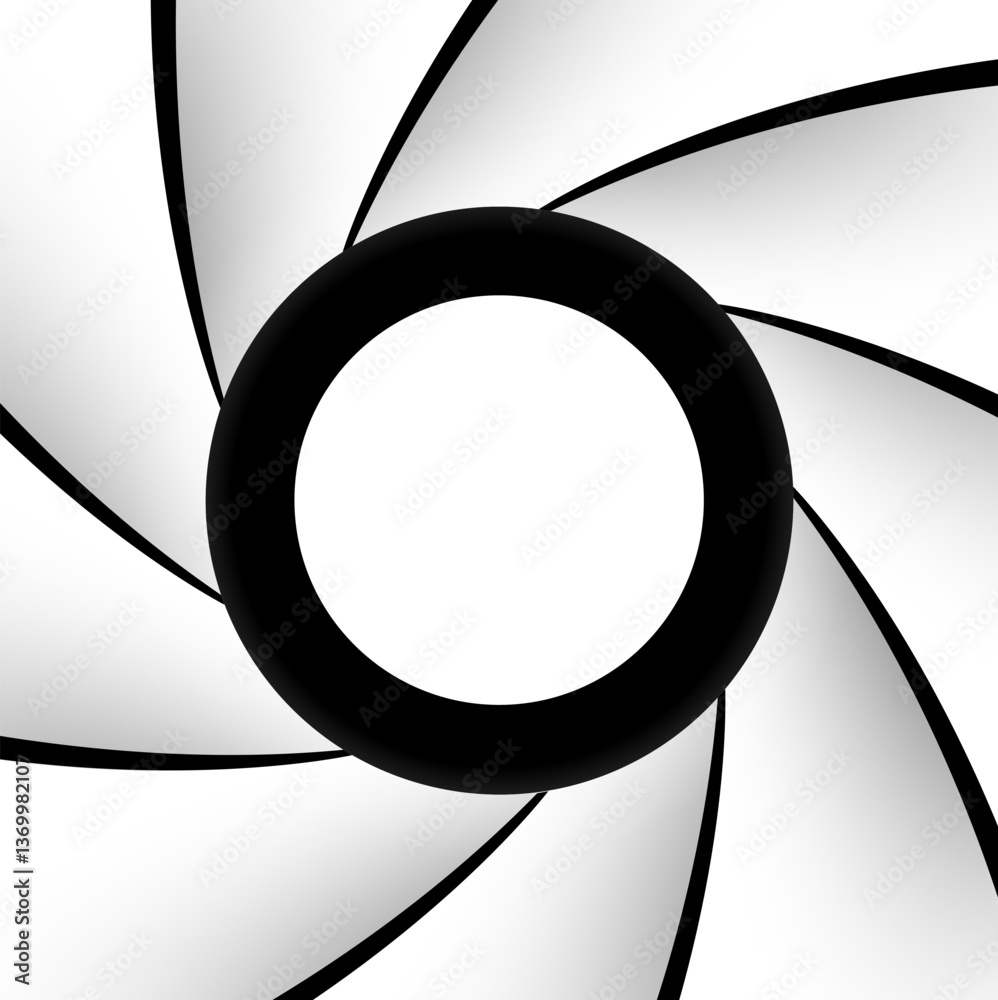 Poster white black background with spiral shutter shape inside, black & white minimal design.