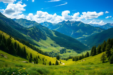 Obraz premium A picturesque mountain valley with lush green meadows, towering peaks, and a clear blue sky with fluffy clouds. A small village is nestled in the valley, surrounded by dense forests.