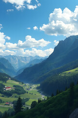 Fototapeta premium A picturesque mountain valley with lush green meadows, towering peaks, and a clear blue sky with fluffy clouds. A small village is nestled in the valley, surrounded by dense forests.