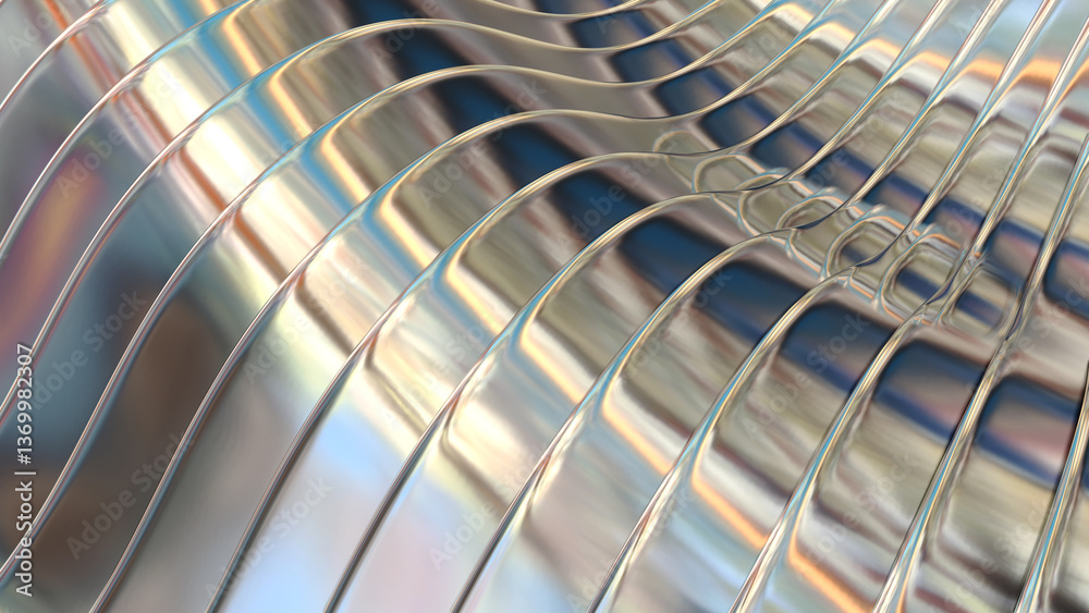 Poster silver chrome background stripes 3d wavy pattern, elegant abstract striped pattern wallpaper.