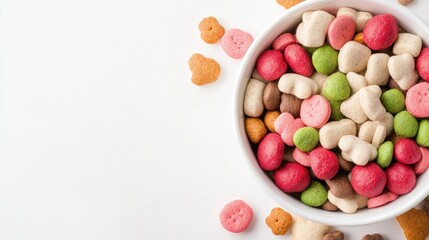 Colorful Candy Pieces in Bowl with Assorted Shapes on White Surface