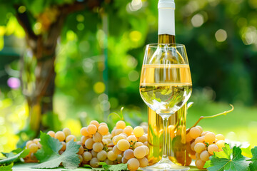 Bottle of white wine and a wine glass are on a table with a bunch of grapes. The wine glass is half full, and the bottle is almost empty