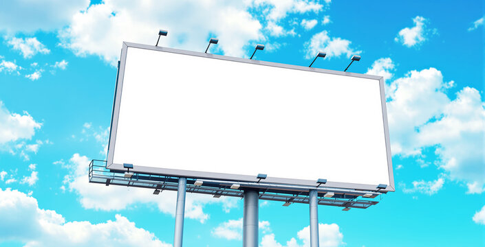 Large empty billboard with blank white banner on tall metal poles, minimalist style, set against bright cloudy sky background, concept of outdoor ad space. Ai generative
