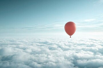 Fototapeta premium Red Balloon Ascends Above Fluffy White Clouds