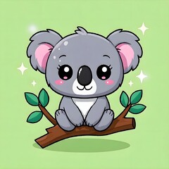 Playful Kawaii Koala Sitting on a Tree Branch with Leaves Cute Cartoon