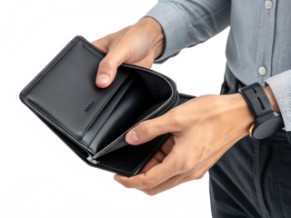 Man Holding an Empty Black Wallet – Financial Crisis and Budget Concept Isolated on White