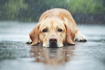 Sad Labrador Retriever lying down in the rain with a melancholic expression looking at camera