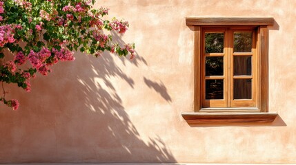 Charming Wooden Window Framed by Vibrant Bougainvillea Blossoms