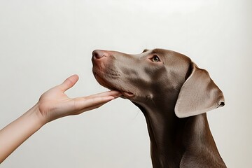 Weimaraner dog enjoys gentle chin rest with human hand for affection and companionship