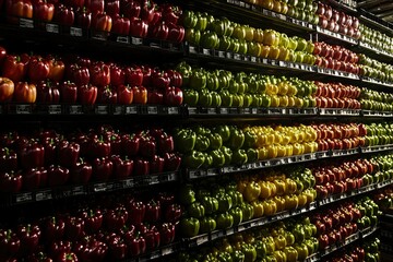 Colorful bell peppers stacked neatly on shelves in a grocery store