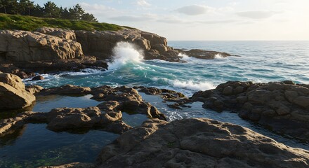 Obraz premium Waves Crashing on Rocky Coastline with Tide Pools and Lush Vegetation