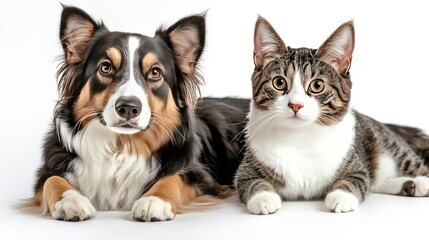 Fototapeta premium Adorable Dog and Cat Together on White Background Looking Curious
