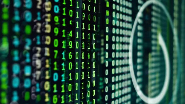 The array of green digits cascades down a dark backdrop, illustrating the flow of data and technology in a dynamic digital atmosphere conveying information processing.
