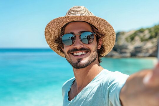 Handsome young man taking selfie picture with smart mobile phone outside - Happy tourist enjoying summer holiday at the beach - Traveling and technology life style
