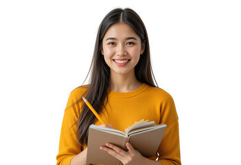 Smiling Young Woman Studying with Notebook and Pencil isolated on transparent background
