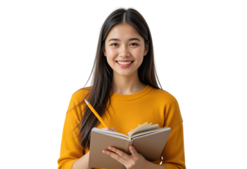 Smiling Young Woman Studying with Notebook and Pencil isolated on transparent background
