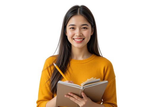 Smiling Young Woman Studying with Notebook and Pencil isolated on transparent background