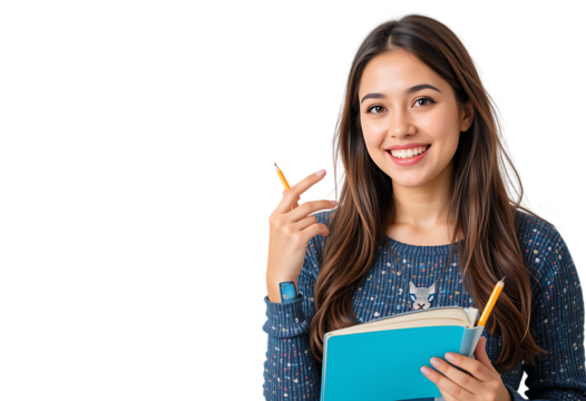 Smiling Young Woman Studying with Notebook and Pencil isolated on transparent background