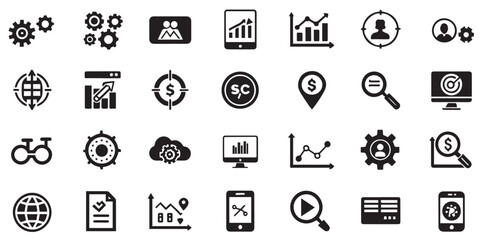 SEO icon set collection. Investigate website, analysis, copy-write, exploration and best solid icon set