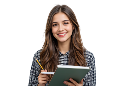Smiling Young Woman Studying with Notebook and Pencil isolated on transparent background