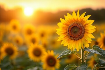 Obraz premium A Vibrant Sunflower Field Illuminated By The Warm Golden Sunlight
