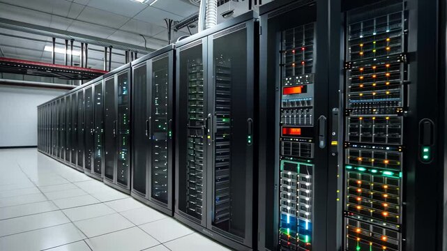 Rows of server racks fill a high-tech data center, showcasing illuminated indicators and equipment inside a clean, well-organized space during the day.