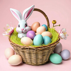 A cute Easter bunny in a basket with eggs.Painted Easter eggs in a basket.The Easter bunny.Easter background.