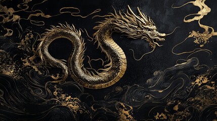 Obraz premium Golden Dragon On Black Background. Mystical Creature Concept. Oriental Style Decoration, Wealth And Power.