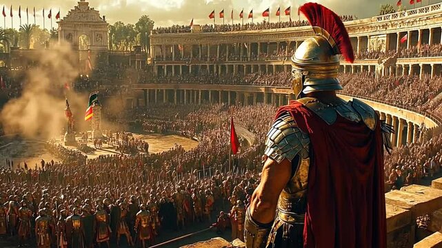 Roman soldier overlooking gladiatorial games in ancient arena