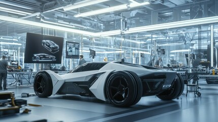 Obraz premium A futuristic car design studio with engineers inspecting and assembling auto components.