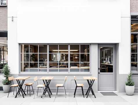 Modern cafe shop with wooden tables and chairs outside, minimalistic design style, white urban background, concept of exterior architecture. Ai generative