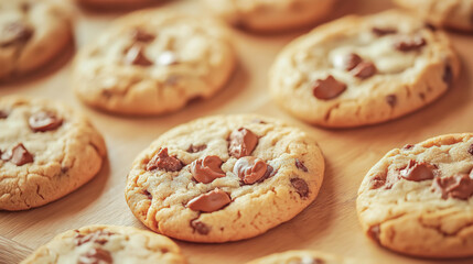 Deliciously baked cookies arranged on a wooden surface