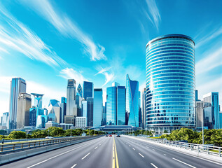 Obraz premium Futuristic city skyline with modern skyscrapers, digital design style, clear blue sky background, concept of contemporary architecture exterior. Ai generative