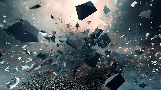 Abstract object shattering into small data particles, fragments floating in space