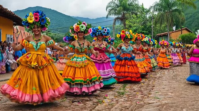 Colorful parade of women in traditional Mexican dresses, mountain background. Possible use Stock photo