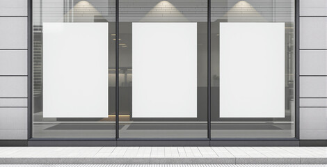 Three blank posters on a glass facade of a modern building with clean background, light reflections, and minimal street view, concept of exterior ad mockup. Ai generative