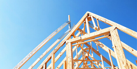 Wooden house frame structure in daylight, realistic style, clear blue sky background, concept of exterior architecture and home construction. Ai generative