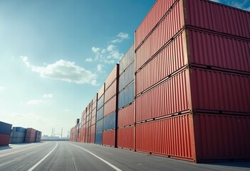 Fototapeta premium Experience the grandeur of international shipping and trade with this captivating photograph, showcasing the uniformity and precision of stacked container boxes against the vastness of the sky, evokin